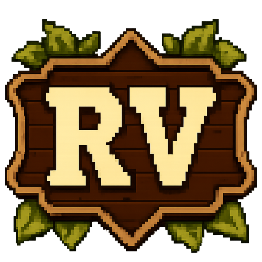 RetroVibe Icon – Pixel-Art Holzschild mit den Buchstaben RV in Sandgold, umrahmt von grünen Blättern