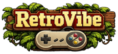 RetroVibe Logo – Holzschild mit dem Schriftzug RetroVibe in gelbem Western-Font, darunter ein SNES-Controller, umgeben von grünem Blattwerk