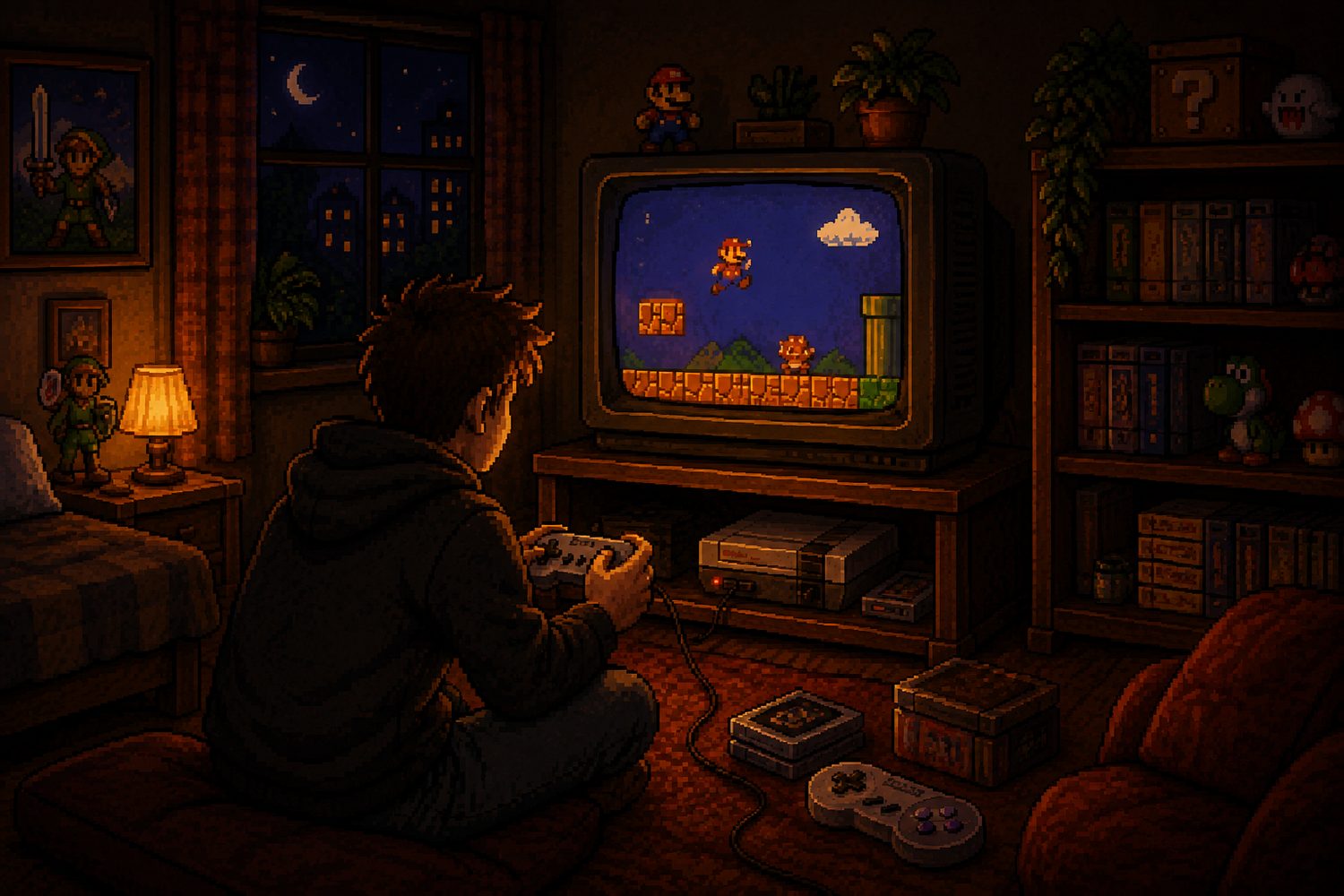 Pixel Art RetroViber spielt nachts Super Mario auf einem CRT Fernseher