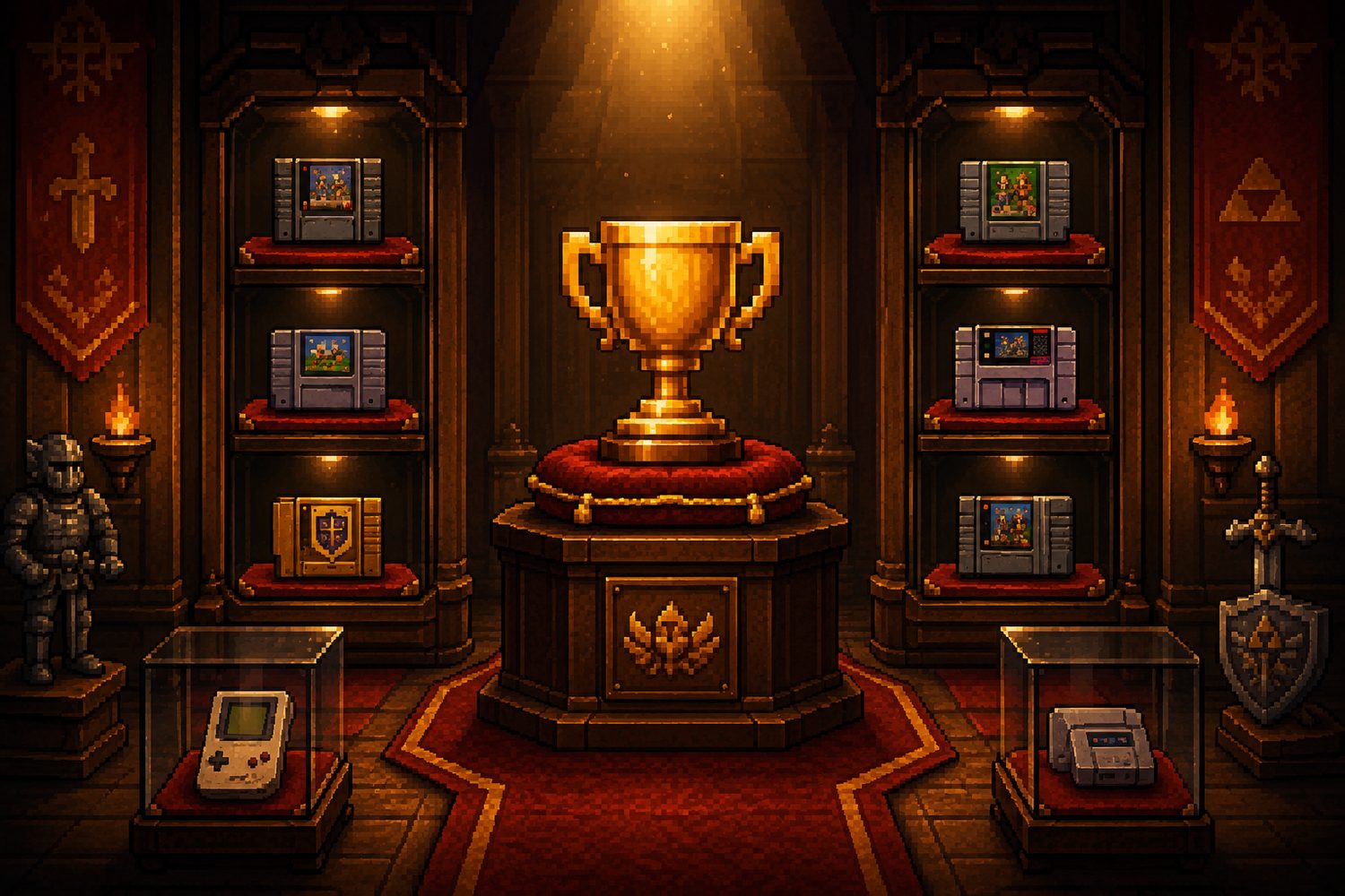 Pixel Art Hall of Fame mit goldener Trophäe und Nintendo Spielmodulen