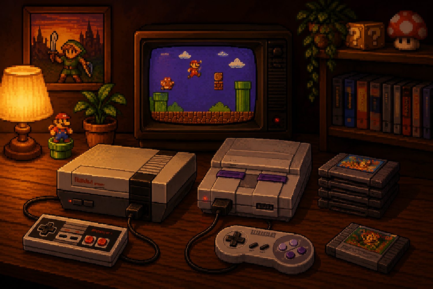 Pixel Art Retro Gaming Setup mit NES und SNES Konsolen