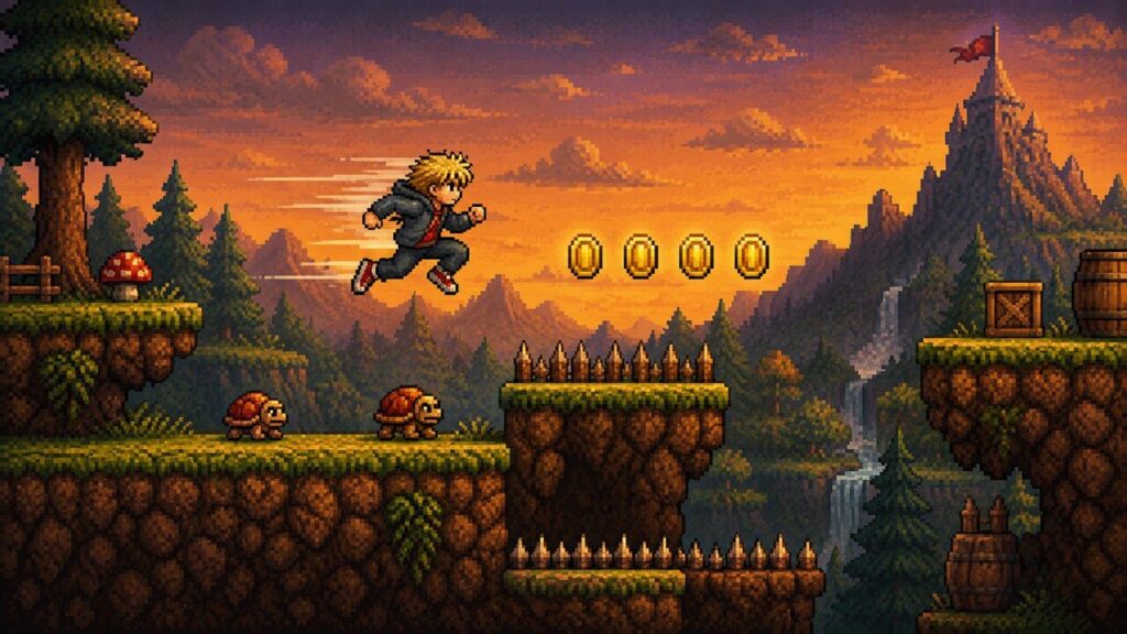 Pixel-Charakter rennt und springt über Stacheln, sammelt Münzen in sonniger Waldlandschaft – Bit Runner, Jump and Run Spiel kostenlos spielen