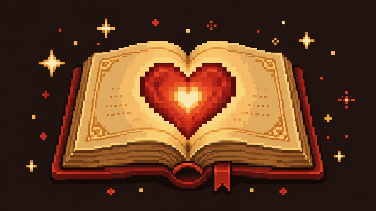 Pixel-Art aufgeschlagenes Buch mit leuchtendem Pixelherz und Sternen – RetroVibe Blogbeitrag über Retro Gaming