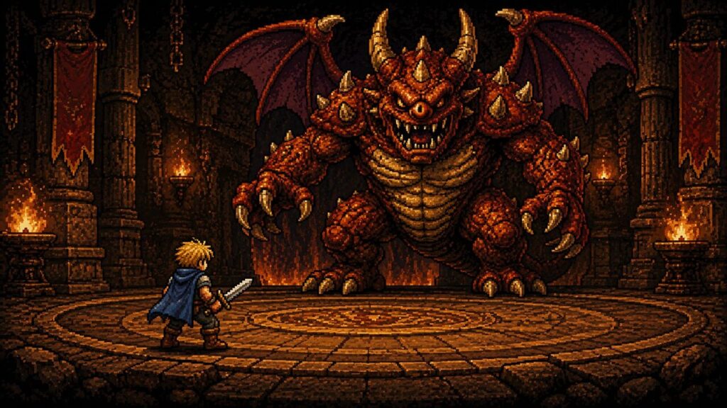 Kleiner Pixel-Held mit Schwert steht riesigem Drachen-Boss in Tempelarena gegenüber – Boss Battle Arena, Retro Action-Spiel von RetroVibe