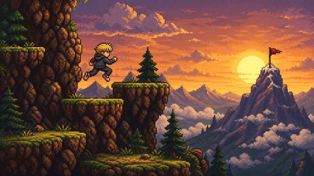 Pixel-Charakter springt bei Sonnenuntergang über Felsplattformen Richtung Gipfel mit Flagge – Climb the Mountain, Jump and Run von RetroVibe