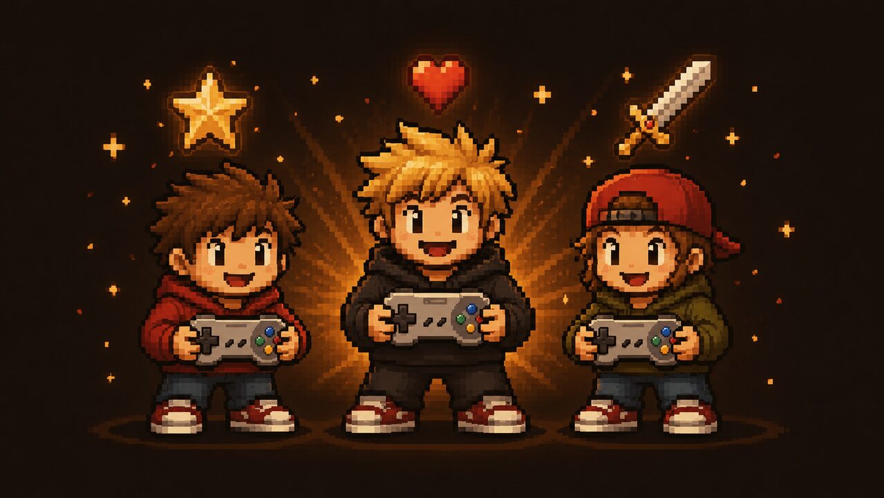 Drei Pixel-Art Figuren mit SNES-Controllern und Herz-Symbol – RetroVibe Gaming Community beitreten