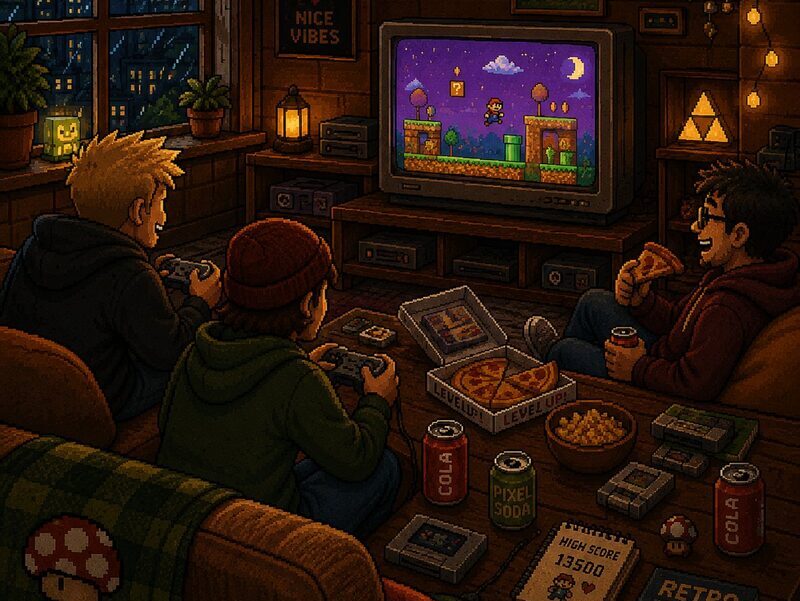 Gemütlicher Spieleabend mit Pizza, Cola und Retro-Konsole bei Nacht – der echte Vibe der RetroVibe Gaming Community