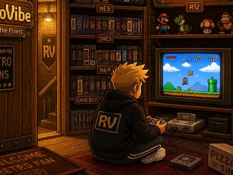 Pixelart-Gamerzimmer mit Retro-Konsolen-Regal und Schriftzug "Exklusive Games" – exklusive Retro Spiele kostenlos für RetroVibe Community-Mitglieder