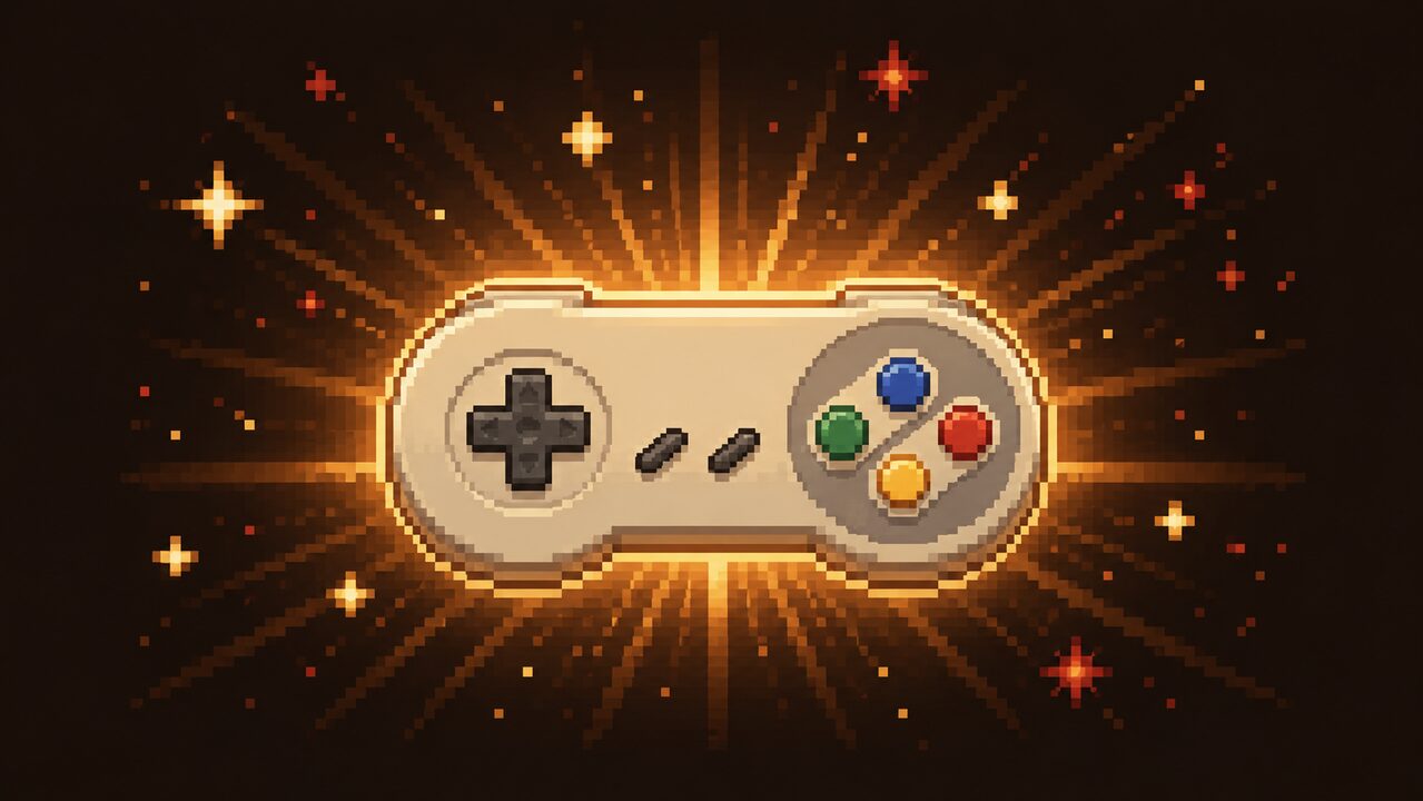 Leuchtender SNES-Controller in Pixel-Art mit goldenen Strahlen – RetroVibe Games kostenlos spielen