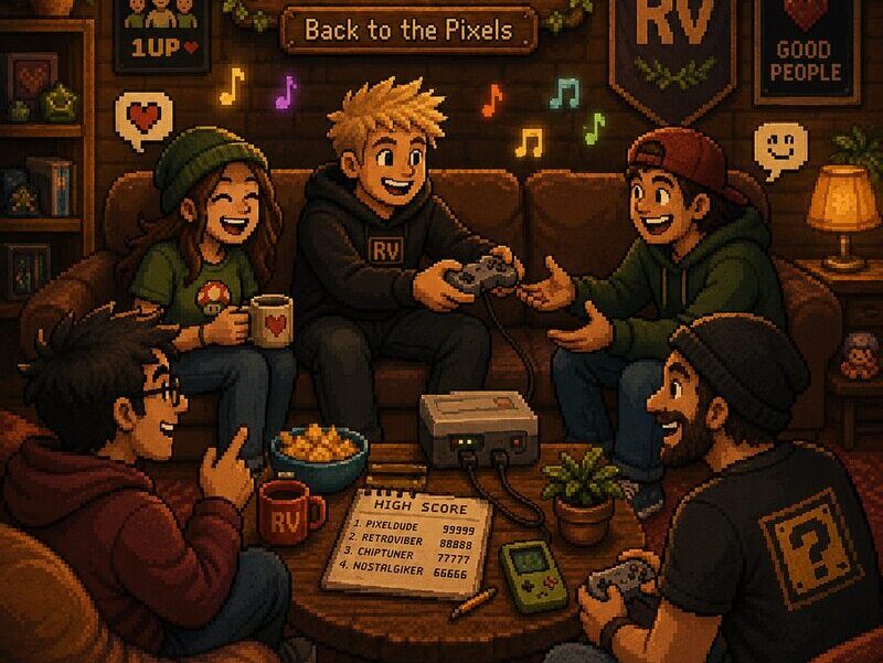 Gruppe von Gleichgesinnten beim gemeinsamen Zocken mit High-Score-Liste – RetroVibe Gaming Community trifft sich zum Retro Gaming