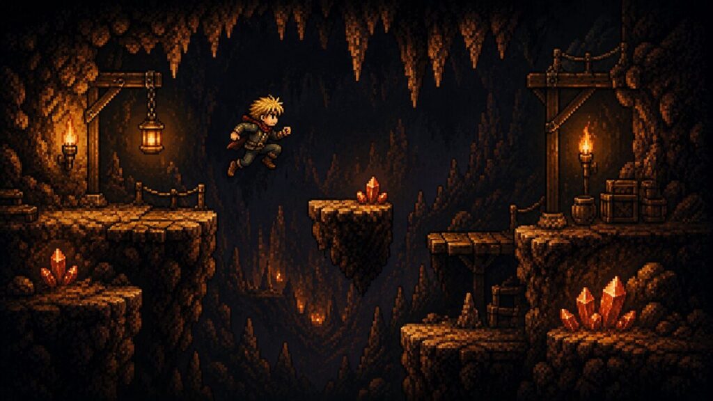 Pixel-Charakter springt in dunkler Höhle zwischen Plattformen mit glühenden Kristallen – Höhlenklettern, Jump and Run Spiel bei RetroVibe