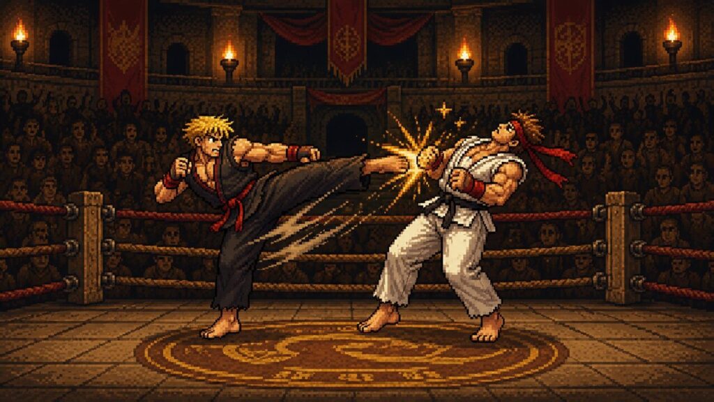 Zwei Pixel-Kämpfer im Schaukampf vor Publikum – Kickboxer, kostenloses Retro Kampfsport-Spiel bei RetroVibe