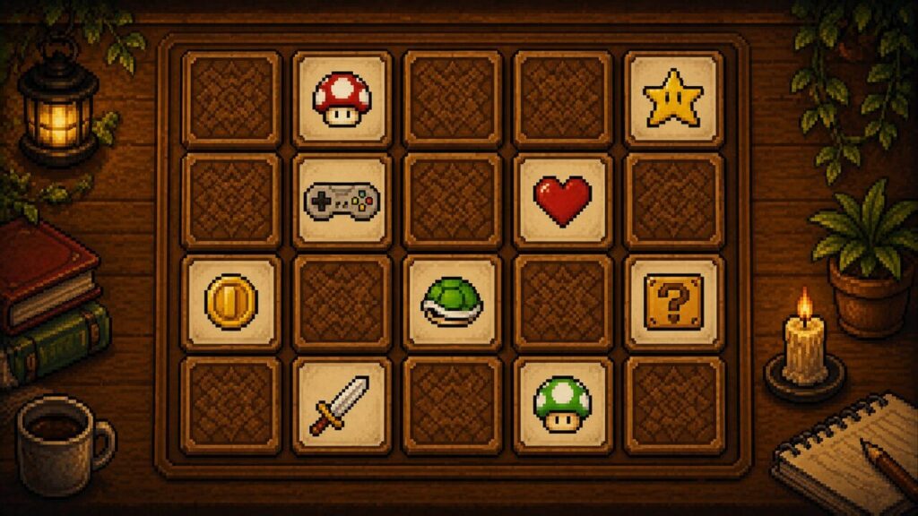 Pixel-Memory-Spielbrett mit Retro-Gaming-Symbolen wie Pilz, Herz und Stern – Memory Match Arcade, Puzzle-Spiel kostenlos bei RetroVibe