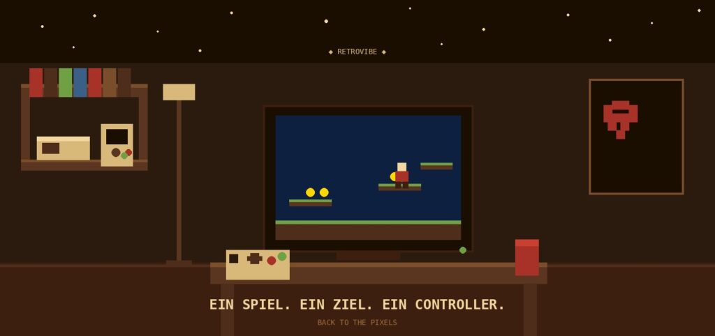 Pixel-Art Retro-Zimmer bei Nacht mit CRT-Monitor, Spielkassetten-Regal und Controller – Retro Gaming Atmosphäre bei RetroVibe