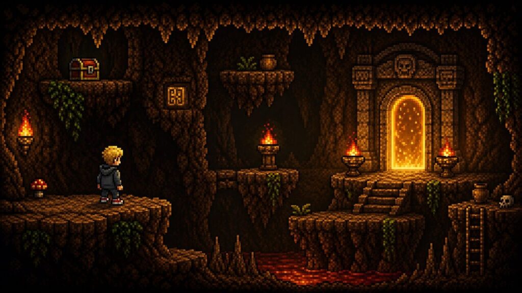 Pixel-Art-Charakter steht vor geheimer leuchtender Tür in Höhle mit Schatztruhe – Secret Zone, das spielbare Jump and Run von RetroVibe