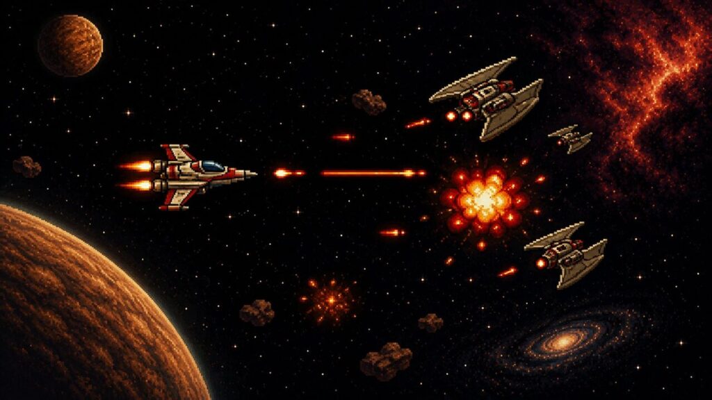 Pixel-Raumschiff im Laserduell gegen Gegner-Flotte vor Sternenhimmel und Explosion – Stardust Shooter, Retro Weltraumspiel von RetroVibe