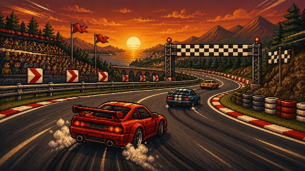 Roter Pixel-Rennwagen driftet auf kurviger Rennstrecke bei Sonnenuntergang vor Zielflagge – Turbo Pixel Racer, Retro Rennspiel bei RetroVibe